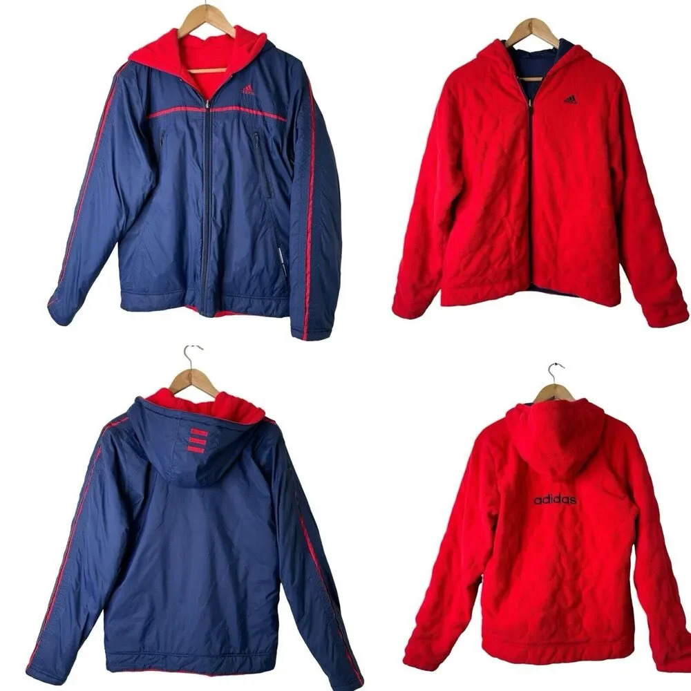 Vtg Adidas Jacket Mens M Navy Reversible Hooded Zip Windbreaker Fleece Retro Y2K
